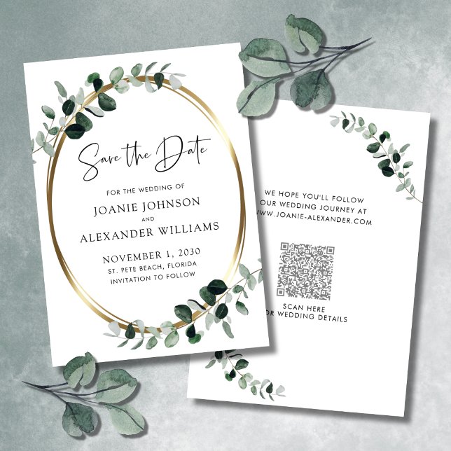 Save The Date Eucalyptus Verdure Or Métallique Enregistrer la da (Eucalyptus Greenery QR Code Gold Metallic Wedding Save the Date)