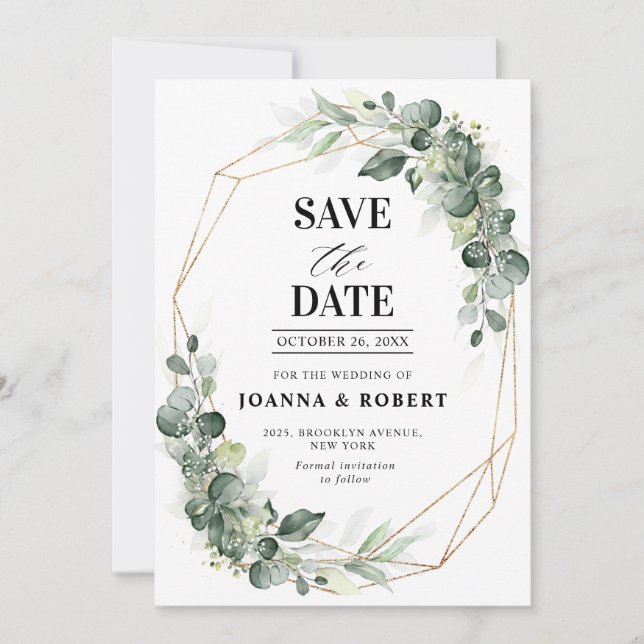 Save The Date Eucalyptus Verdure Rustique Mariage géométrique (Devant)