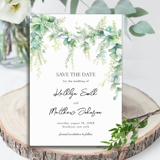 Save The Date Eucalyptus Verdure Script Jardin moderne Mariage (Créateur téléchargé)