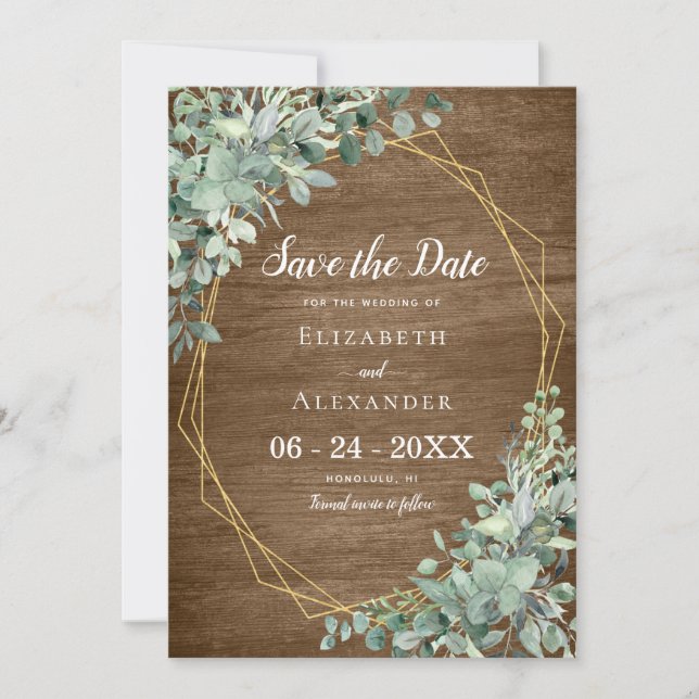 Save The Date Eucalyptus Vert Bois rustique Mariage géométrique (Devant)