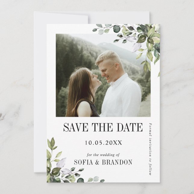 Save The Date Eucalyptus vert émeraude Rustique photo Mariage (Devant)
