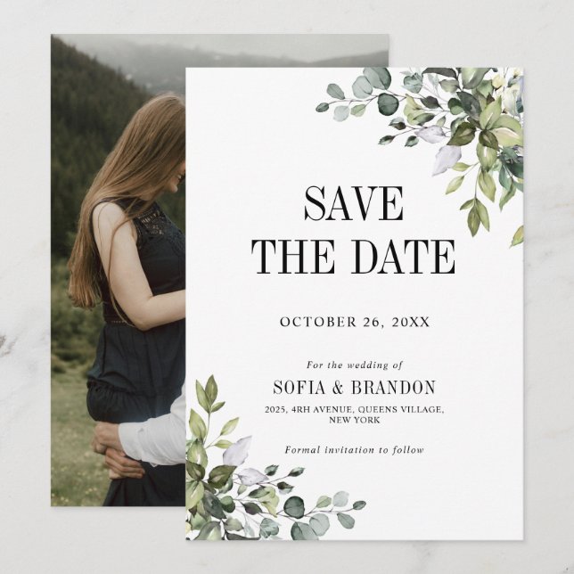 Save The Date Eucalyptus vert émeraude Rustique photo Mariage (Devant / Derrière)