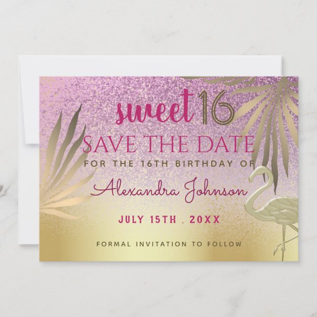 Save The Date Événement 16 ans Enregistrez La Date Flamant Rose  (Devant)