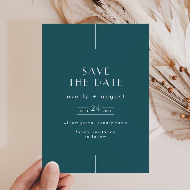 Save The Date EVERLY Simple Retro Art Déco Mariage Paon Sarcelle (EVERLY Simple Retro Art Deco Peacock Teal Wedding Save The Date)