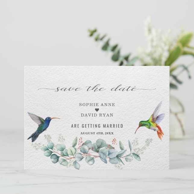 Save The Date Exotic Hummingbirds Eucalyptus Protea Wedding  (Debout devant)