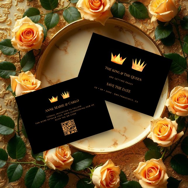 Save The Date Exquisite Golden Effect Queen & King Royal Crowns (Exquisite Golden Effect Queen & King Royal Crowns Save the Date Cards on Black Background. )
