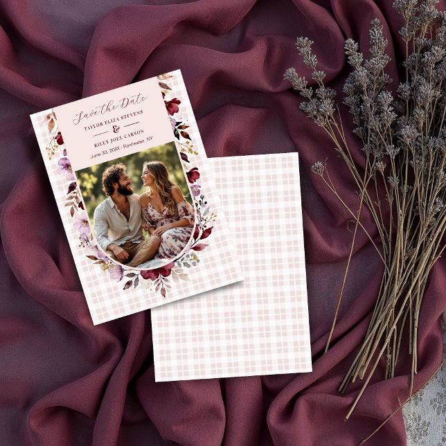 Save The Date Exquisite Spring Burgundy Floral Arch Wedding (Exquisite Romantic Burgundy Floral Arch Wedding Save the Date Design with Pastel Tartan Back. )