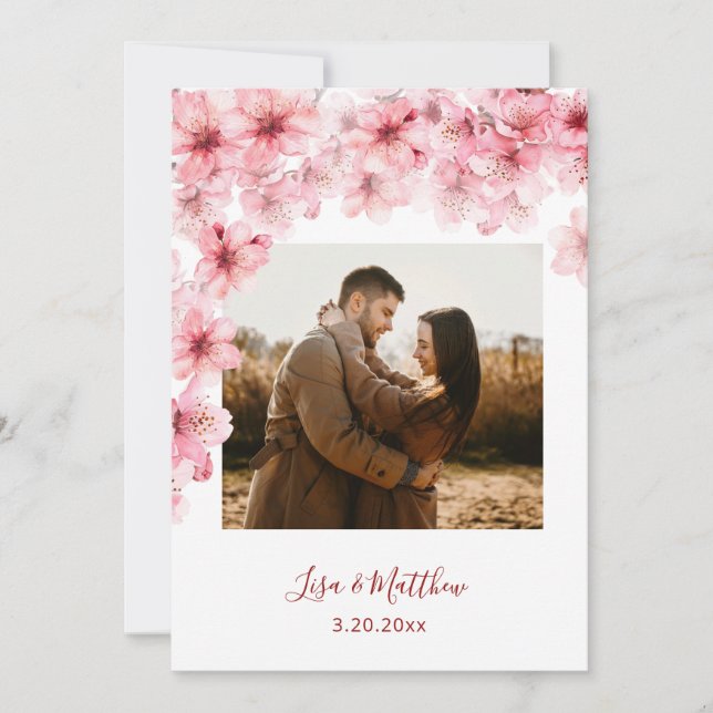 Save The Date Faded Watercolor Cherry Blossom Photo Wedding (Devant)