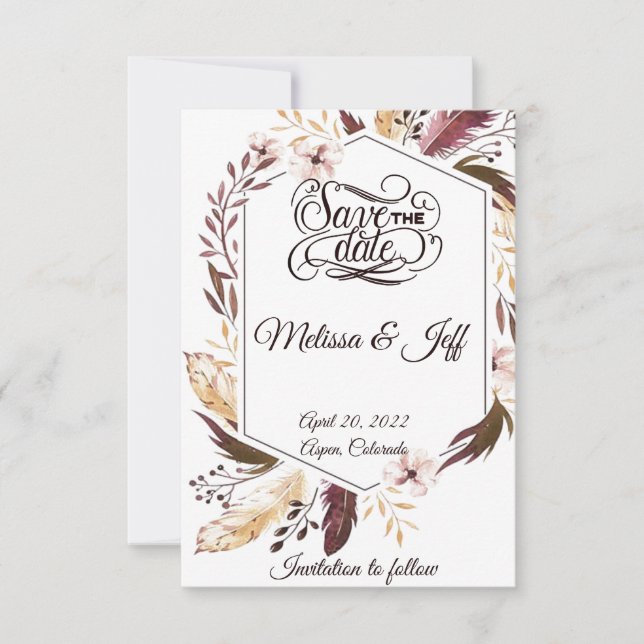 Save The Date Faire part avec plumes boho violettes (Devant)