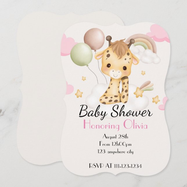 Save The Date Faire part de BABY SHOWER GIRAFFEAU (Devant / Derrière)