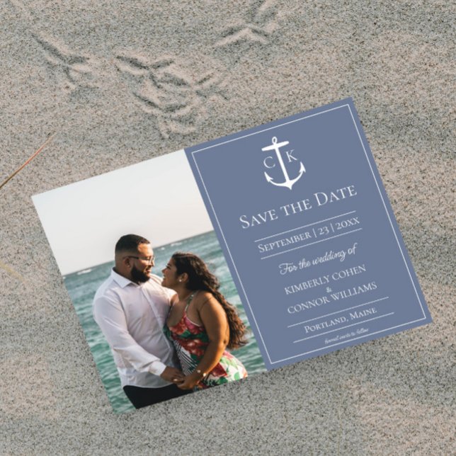 Save The Date Faire part de date de mariage avec monogramme naut (Periwinkle Nautical Monogram Photo Save the Date)