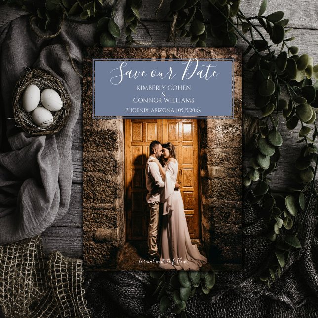 Save The Date Faire part de date de mariage avec photo moderne | (Dusty Blue Modern Photo Save the Date)