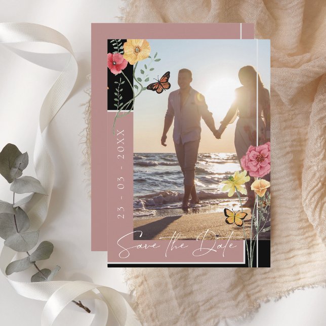 Save The Date Faire part de date de mariage sauvage boho rose po (Boho Dusty Pink Wildflowers Photo Save the Date)