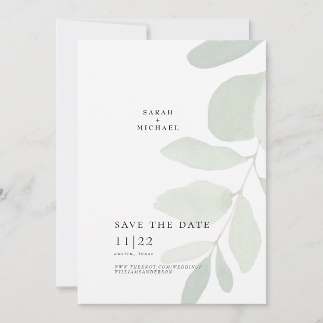 Save The Date Faire part de date unique à motif d'eucalyptus sim (Devant)