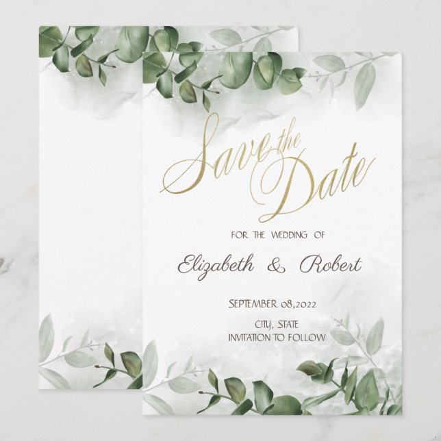 Save The Date Faire part de Eucalyptus à conserver (Devant / Derrière)