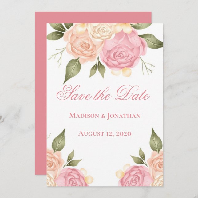Save The Date Faire part de mariage à l'aquarelle florale rose (Devant / Derrière)