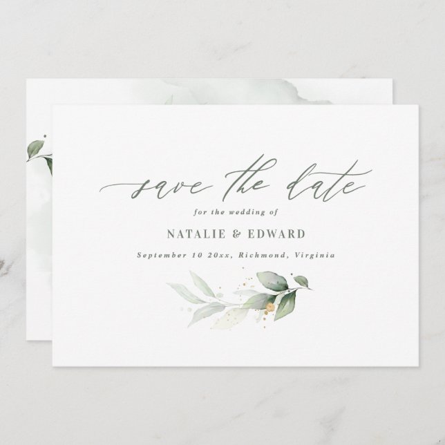 Save The Date Faire part de mariage à l'eucalyptus vert sauge et (Devant / Derrière)