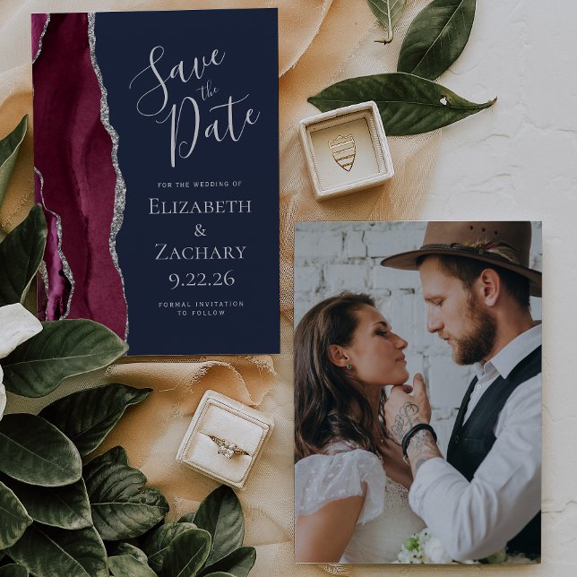Save The Date Faire part de mariage Agate Bourgogne Argent Navy (Créateur téléchargé)