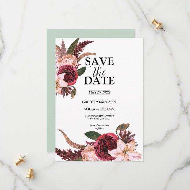 Save The Date Faire part de mariage au sangria de Bourgogne (Devant/Arrière en situation)