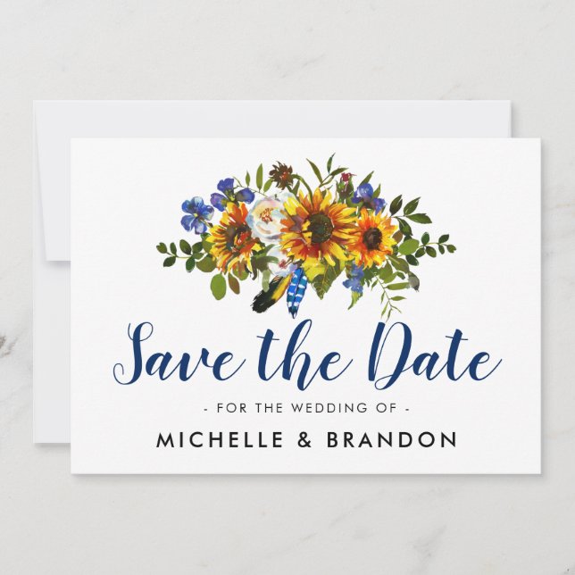 Save The Date Faire part de mariage champêtre bleu et jaune (Devant)
