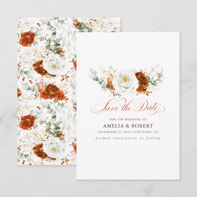 Save The Date Faire part de mariage chic fleurs terracotta et bl (Devant / Derrière)