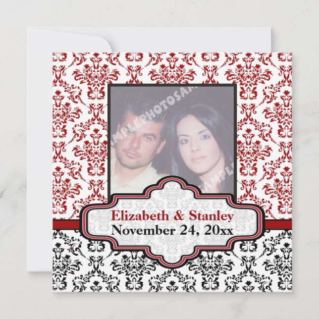 Save The Date Faire part de mariage en damassé noir blanc rouge  (Devant)