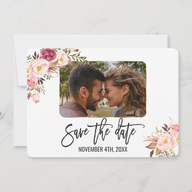 Save The Date Faire part de mariage Fleurs Rose Pâle Photo Écrit (Devant)