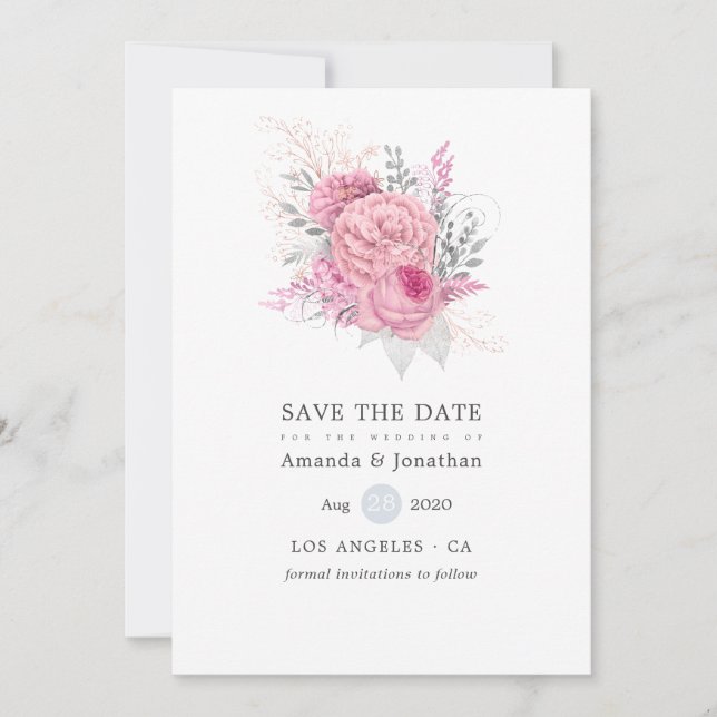 Save The Date Faire part de mariage floral argent et rose (Devant)