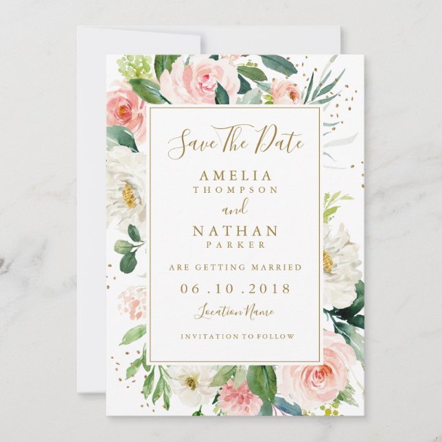 Save The Date Faire part de mariage floral or rose blush (Devant)