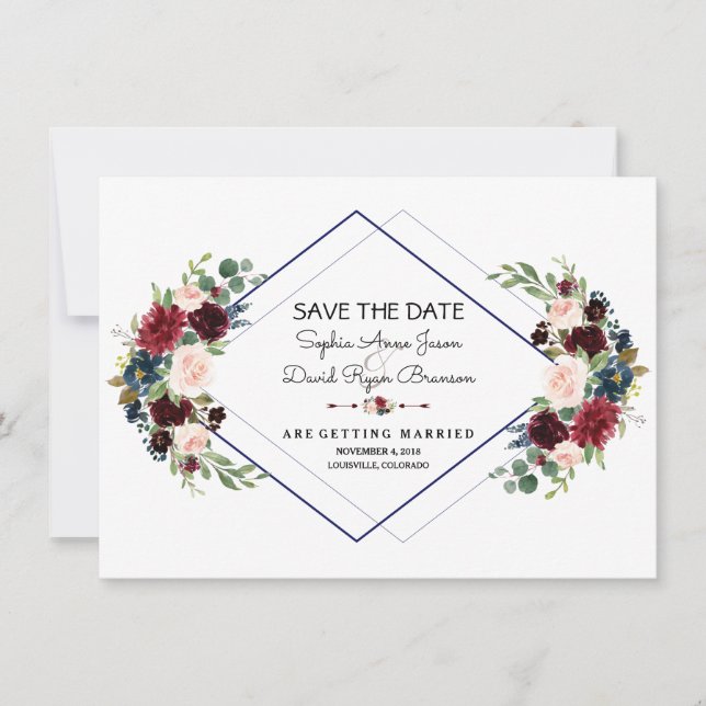 Save The Date Faire part de mariage géométrique Merlot Bleu mari (Devant)