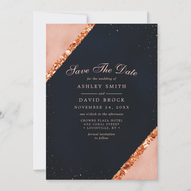 Save The Date Faire part de mariage géométrique rose Navy Copper (Devant)