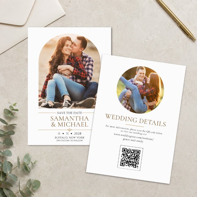 Save The Date Faire part de mariage moderne avec code QR et phot (Elegant arch photo save the date with modern gold details and personalized text.)