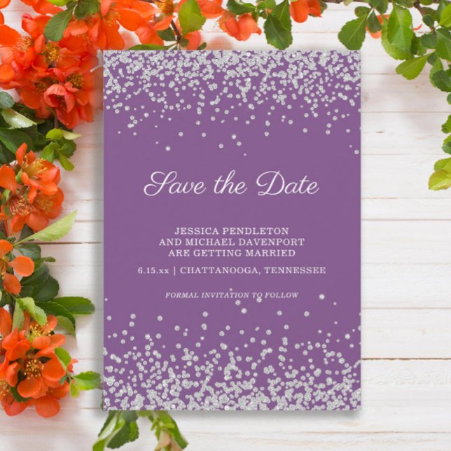 Save The Date Faire part de mariage pailleté argent violet (Purple wedding Save the Date with silver glitter)