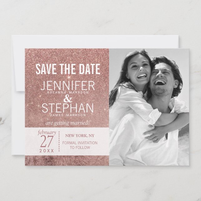 Save The Date Faire part de mariage pailleté or rose moderne et  (Devant)