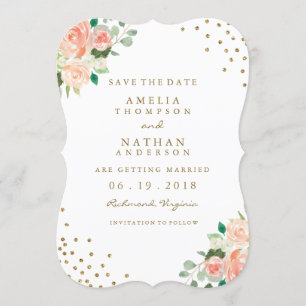 Save The Date Faire part de mariage Peach Gold Floral Confetti