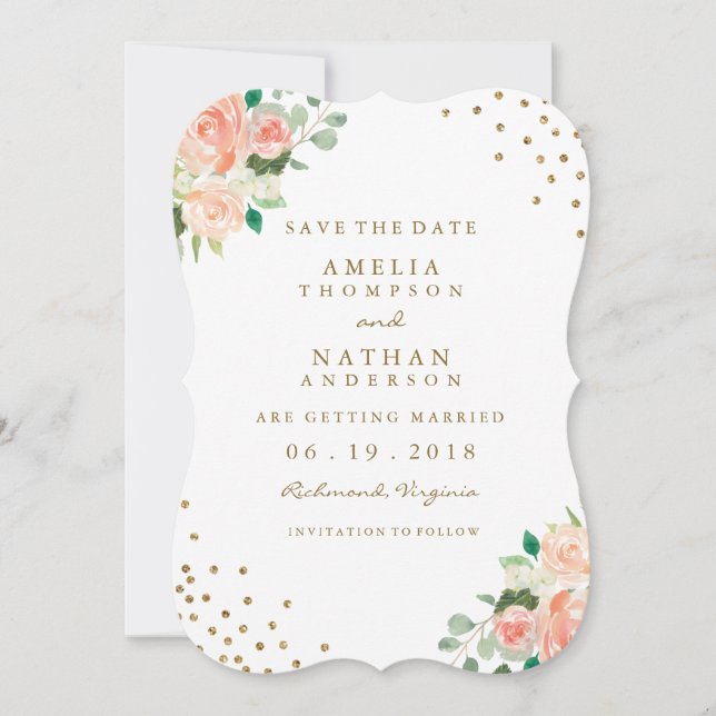 Save The Date Faire part de mariage Peach Gold Floral Confetti (Devant)