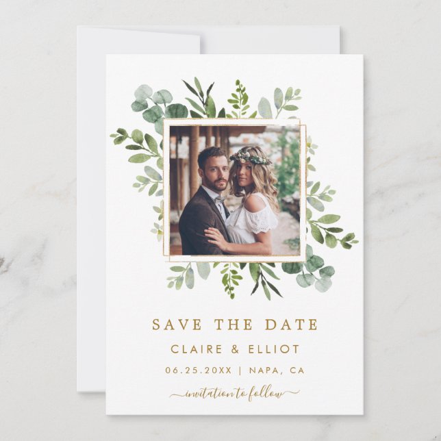 Save The Date Faire part de mariage photo vert or botanique (Devant)