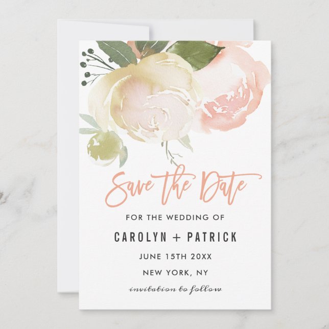 Save The Date Faire part de mariage Rose Pivoine Ivoire Rose Blu (Devant)