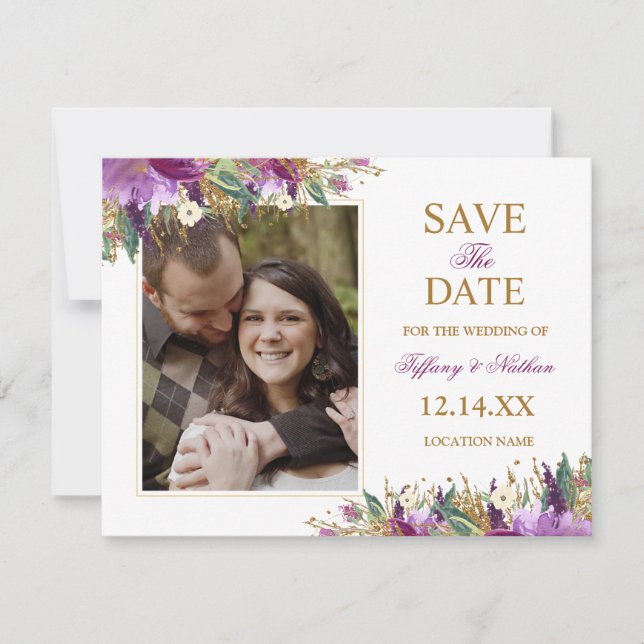Save The Date Faire part de photo d'aquarelle Améthyste scintill (Devant)