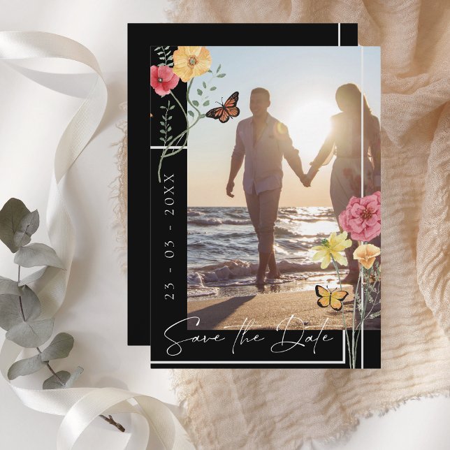 Save The Date Faire part de photo de fleur sauvage boho noir (Créateur téléchargé)
