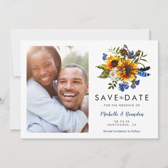 Save The Date Faire part de photo de mariage champêtre bleu mari (Devant)