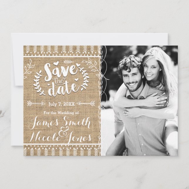 Save The Date Faire part de photo de toile de jute rustique pour (Devant)