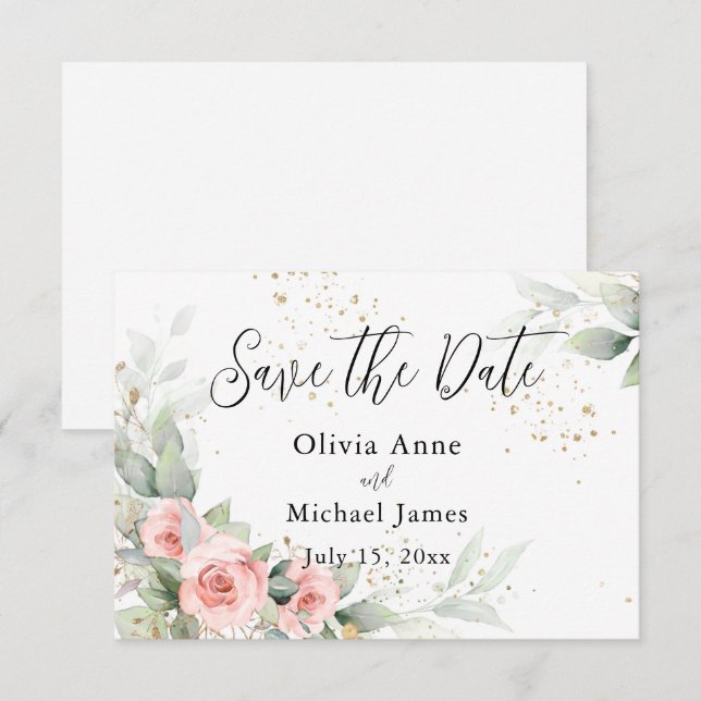 Save The Date Faire part de Roses Aquarelle Rose Tendres (Devant / Derrière)