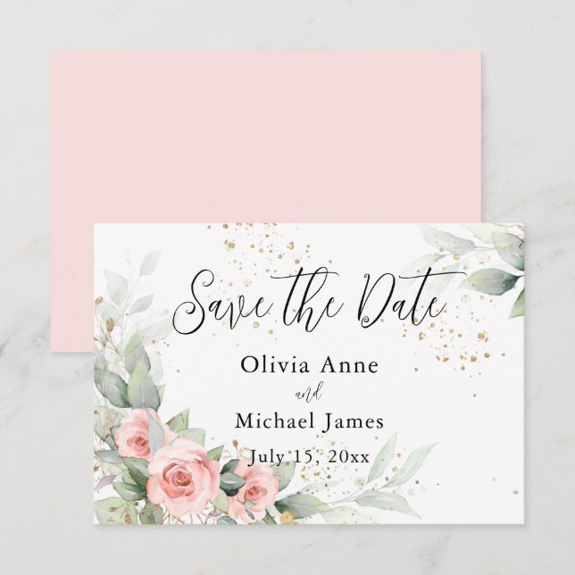 Save The Date Faire part de roses aquarelles rose tendre (Devant / Derrière)