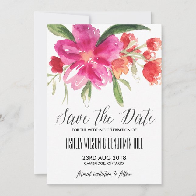 Save The Date Faire part de sauvegarde à l'aquarelle rose chaud  (Devant)