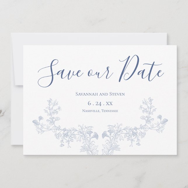 Save The Date Faire part floral bleu doux victorien (Devant)