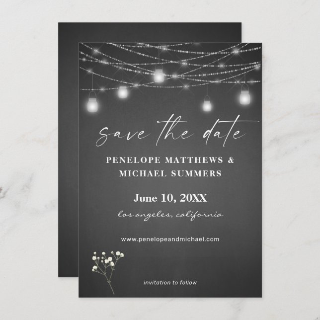 Save The Date Faire part gris Baby's Breath sur tableau noir (Devant / Derrière)