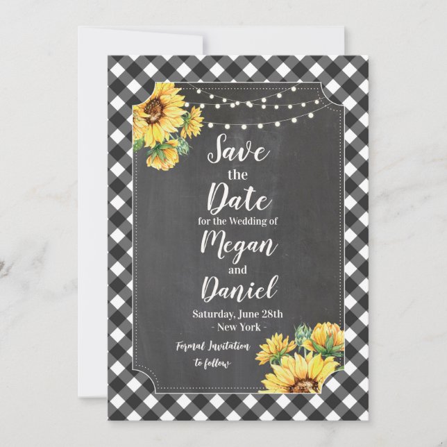Save The Date Faire part noir blanc gingham tournesol craie (Devant)