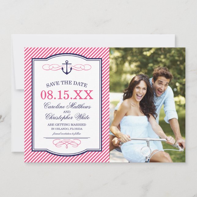 Save The Date Faire photo de l'ancre nautique rose et Navy enreg (Devant)