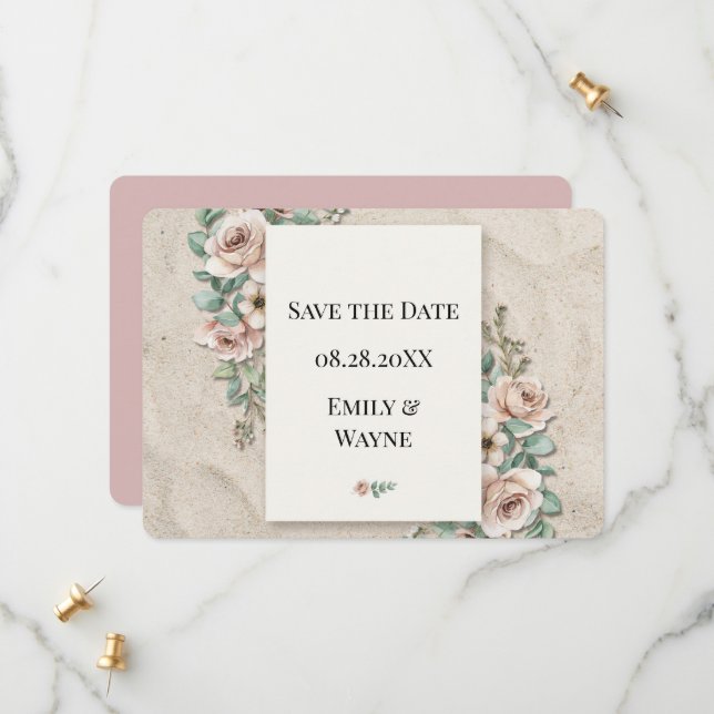 Save The Date Faire Sablé + Mariage Floral Vert Sauge Blanc (Devant/Arrière en situation)